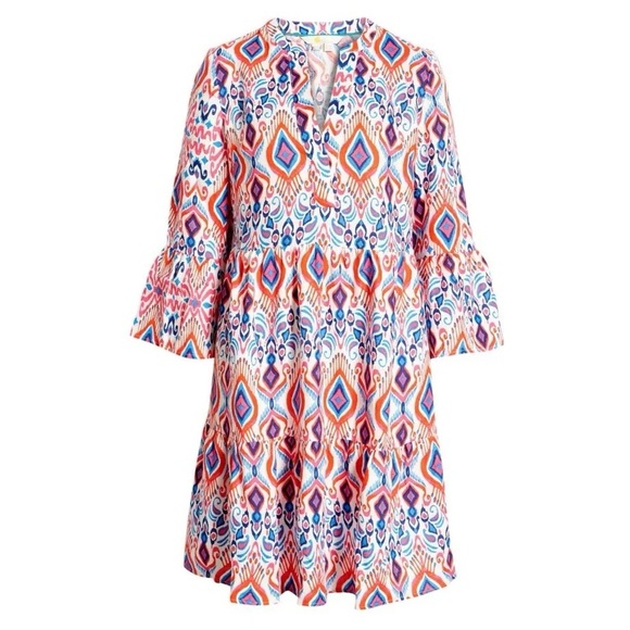 Boden Relaxed Tiered Linen Dress - Multi Ikat Paradise Sz 16/18